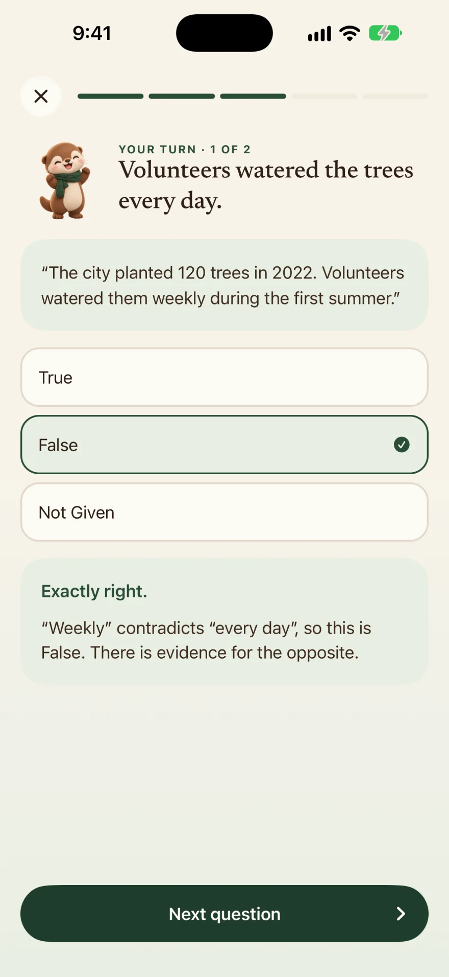 A three-minute Reading lesson: the learner chose False and Pip says Exactly right.