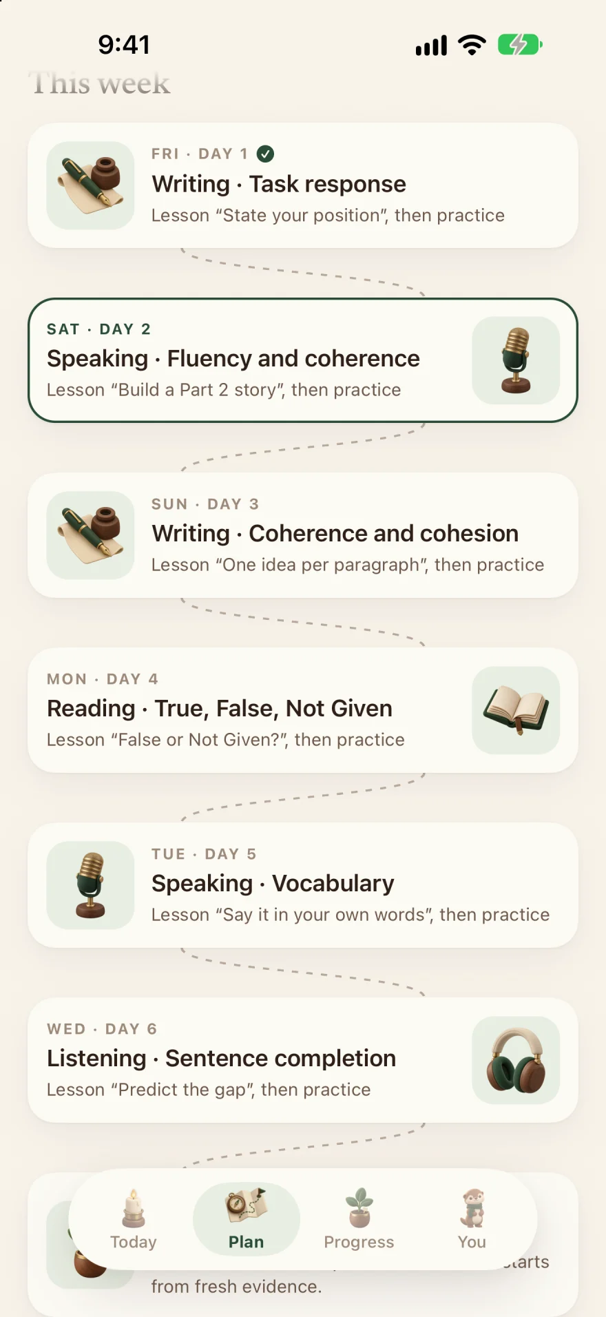 This week: Day 1 Writing, task response, done; Day 2 Speaking, fluency and coherence, today; then Writing, Reading, Speaking and Listening, each a lesson followed by practice.