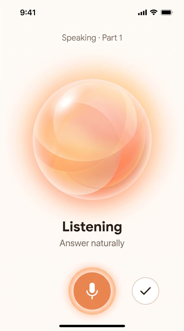 Examli speaking screen: a large glowing voice orb that listens as you answer, with a microphone button and a check button to finish.